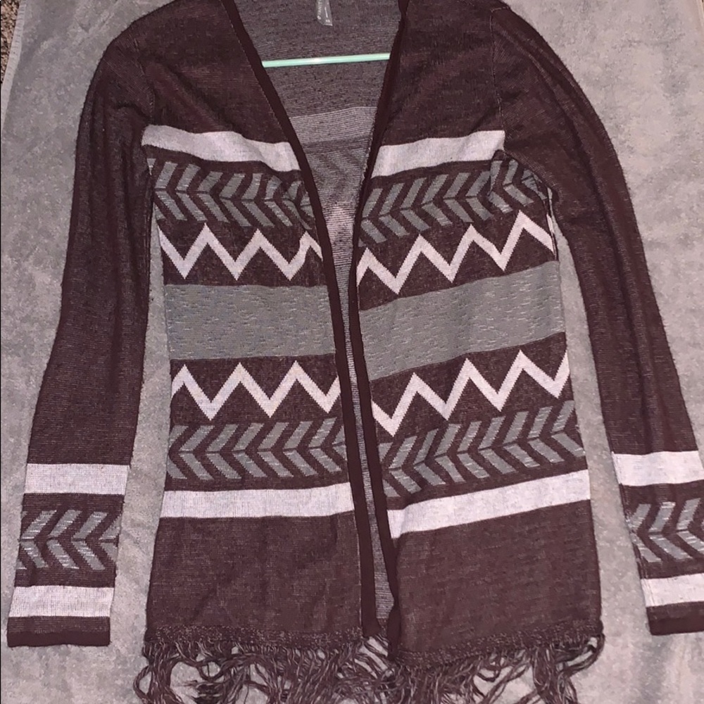 Maroon, grey, and white cardigan